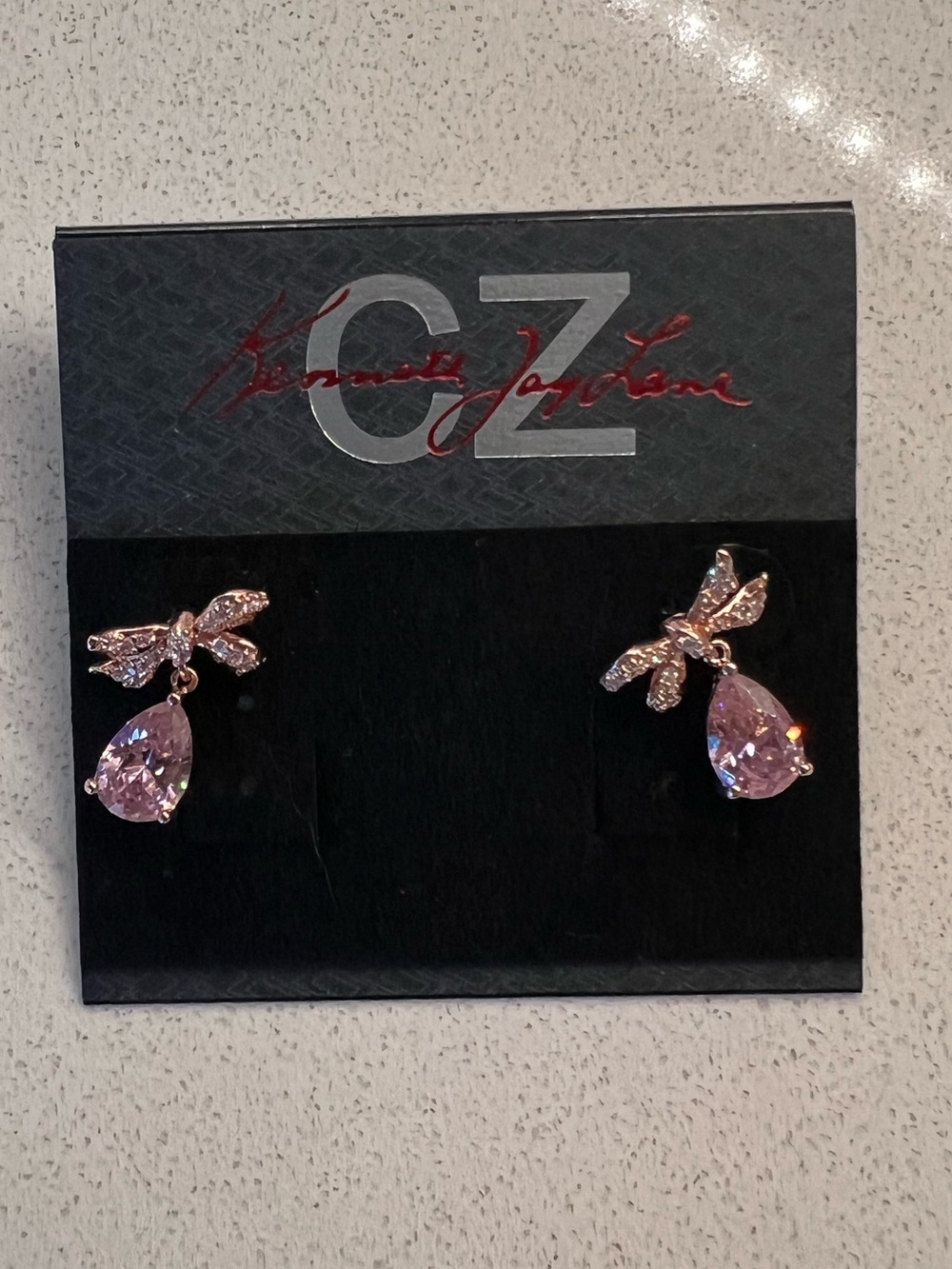 CZ by Kenneth Jay Lane Rose Bow Drop Earrings with Pink  14k gold